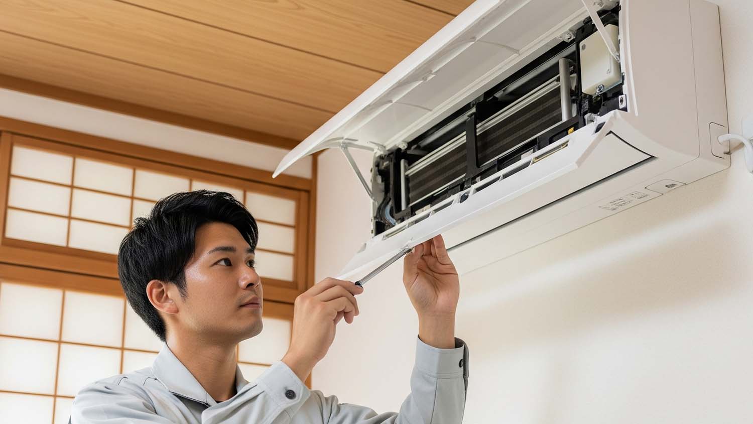 エアコンを取り付ける作業員